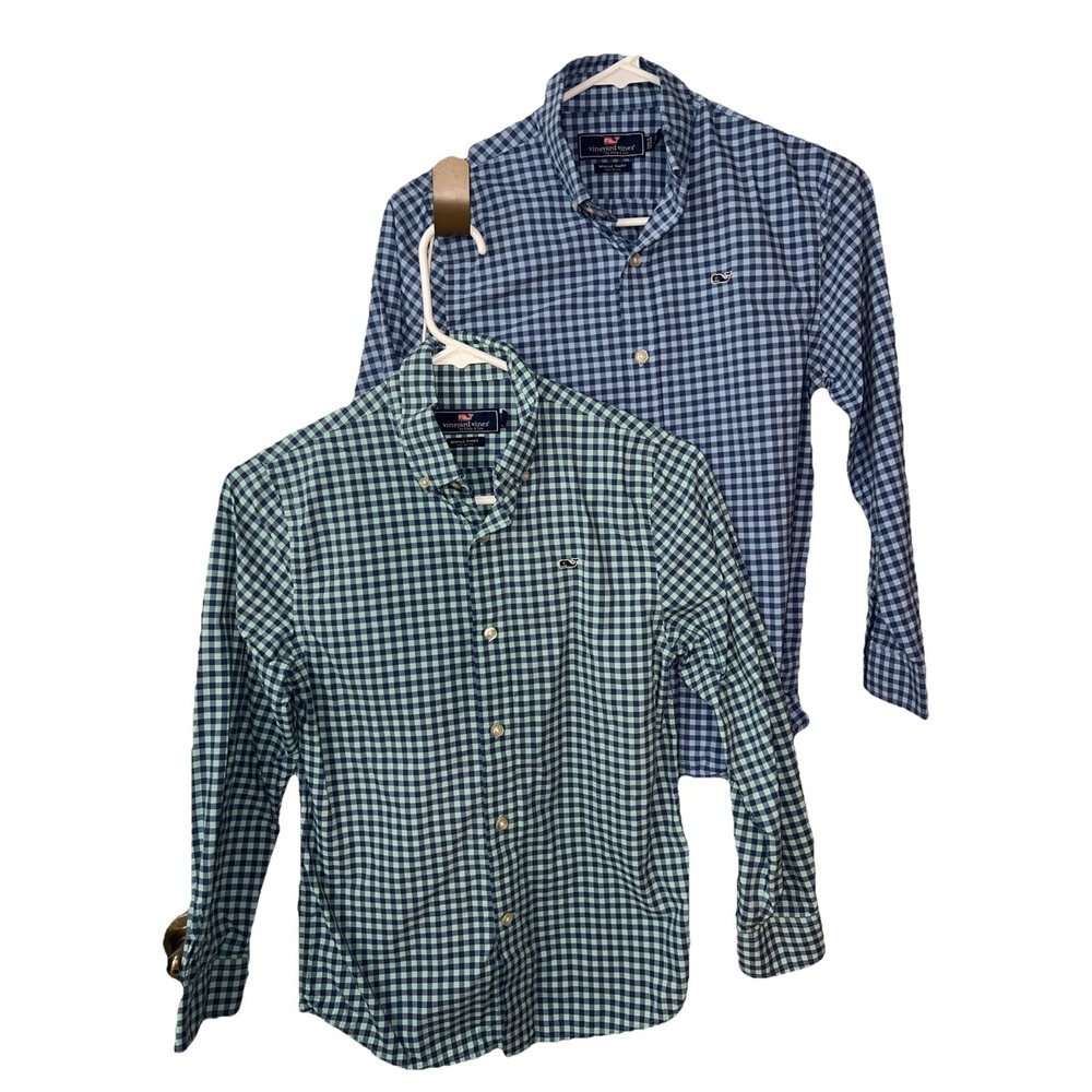 Pair Of Vineyard Vines Boys Gingham Plaid Nylon Whale Shirt Size S 8-10